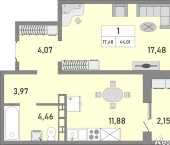 1-комн, 44 кв м, этаж 25/25 ул Юркина, 2В